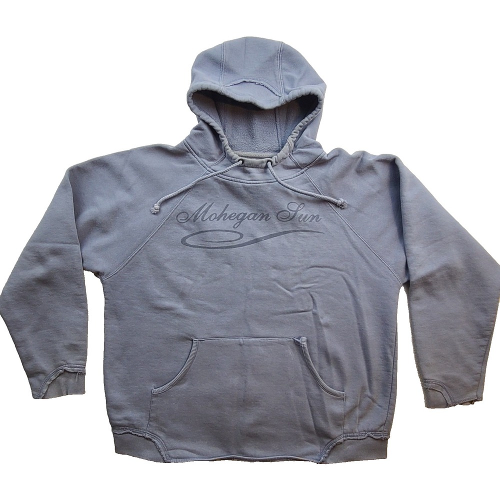 Mohegan Sun Artisans Hoodie Mens Medium Gray Raglan Pullover Distressed Fleece